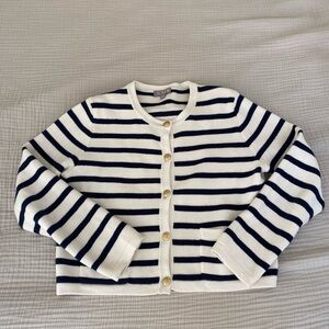 J. Crew Women’s Navy and White Striped Lady Jacket with Gold Buttons. Size M.